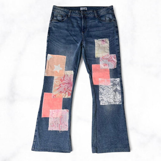 Pink Mosaic Patchwork Flare Jeans